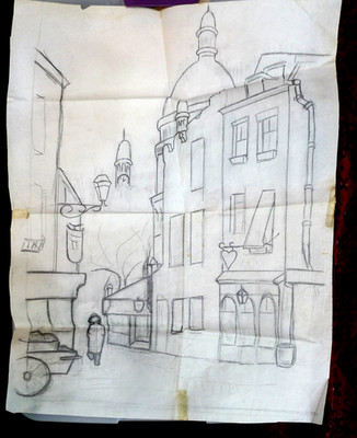 Vintage European Street Scene City Scape Pencil Sketch Drawing 17x22