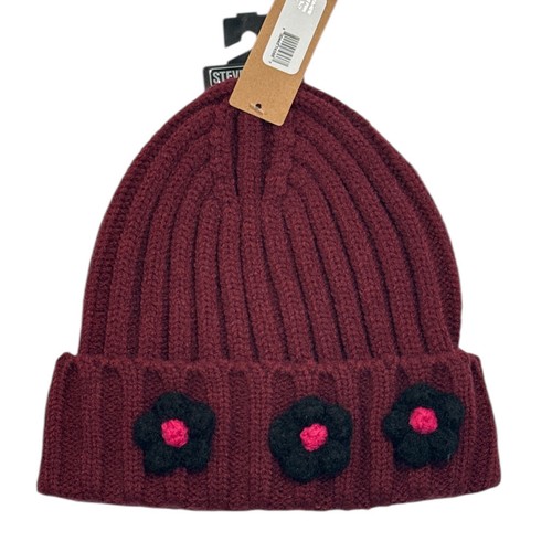 Steve Madden Beanie Burgundy Knit Hat Floral Applique Women’s Winter Hat NWT