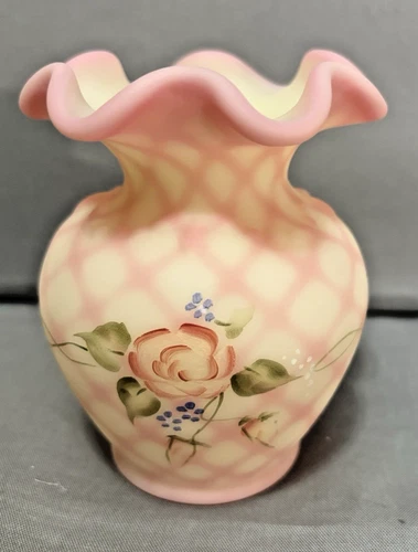 Fenton - 4" Diamond Optic Vase -Burmese Satin - Hand Painted Roses