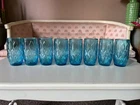 Vtg 8 Anchor Hocking 'Madrid' Diamond AQUA BLUE TUMBLERS/Glasses  5" X 2.5" 10oz