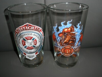 Lot of 2 Drinking Glasses Firefighter Bulldog & Badge of Honor 5.5'' x 3''