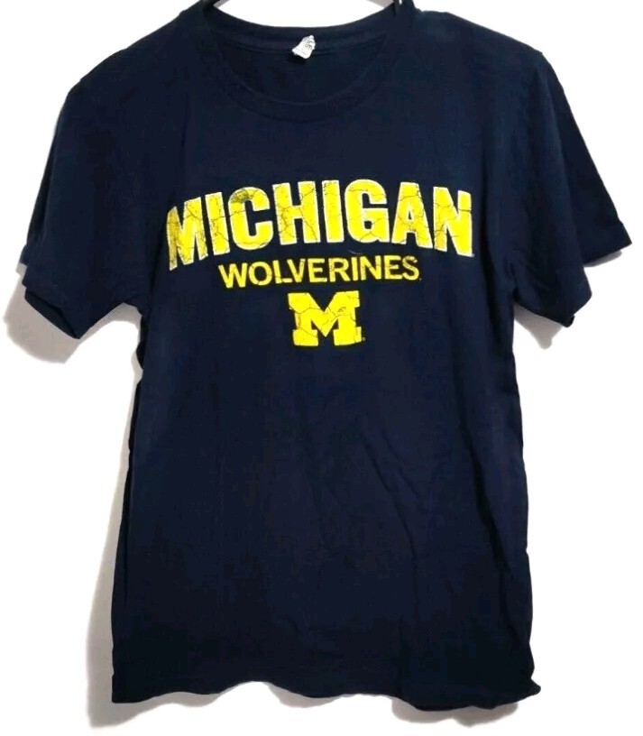 Mens Large Michigan Wolverines Blue/Gold Short Sleeve Pullover Adult T Shirt