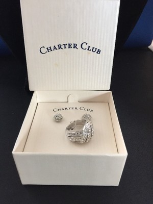 Charter Club Ring And Post Earrings Silver Tone With Rhinestones
