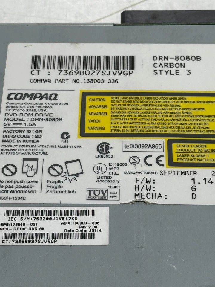 COMPAQ E500 - 168003-336 8X CD DVD-ROM DRIVE MODEL DRN-8080B - Image 2 of 4