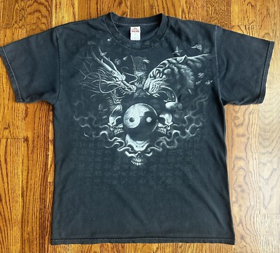 Skull Tiger Dragon Shirt Adult XL Black Short Sleeve Graphic Liquid Blue Emo Y2K