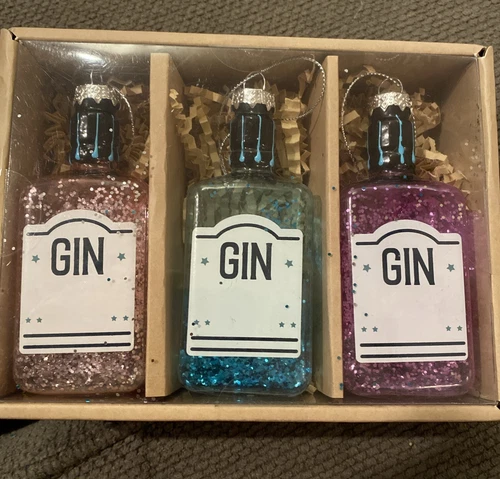 Lot Of 3 Gin Glass Christmas Ornaments Glittered. Box Of 3 New