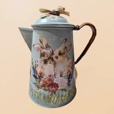 Vintage Enamel Coffee Pot 10" Decoupage Bunnies Decorative Only
