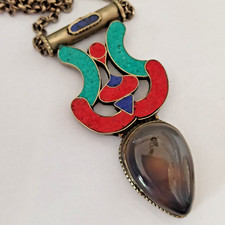 Vintage Bohemian Mosaic Necklace Agat Stone Ethnic Egyptian Revival Trible VTG
