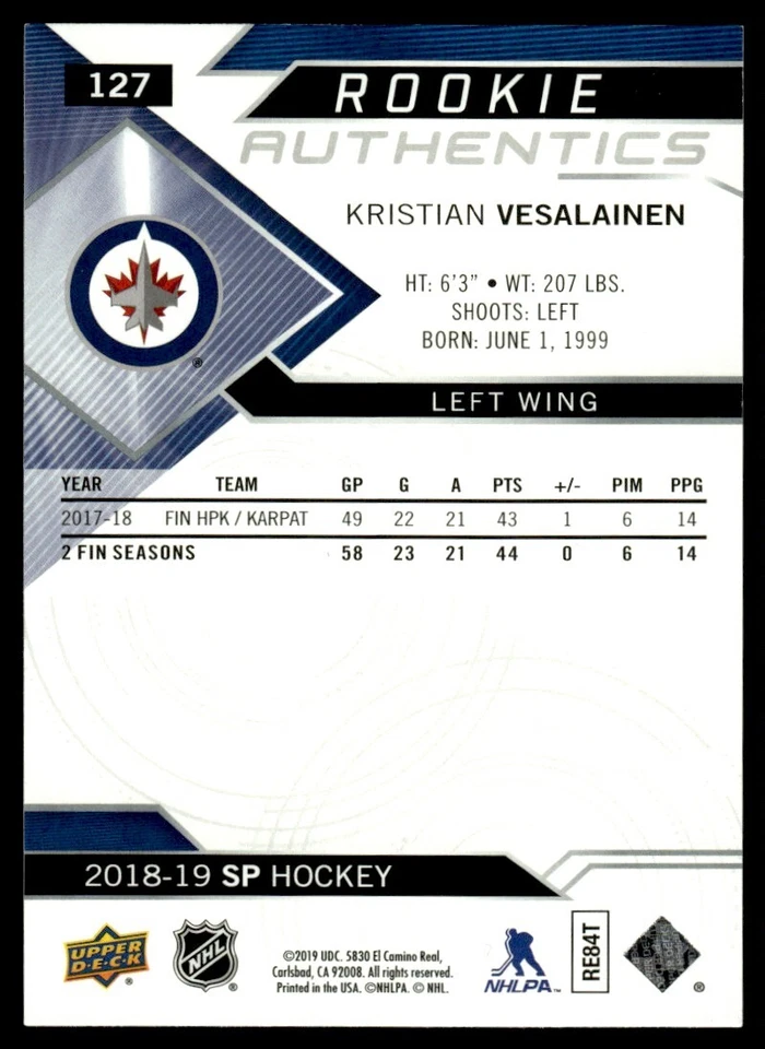 2018-19 SP Rookie Authentics - Kristian Vesalainen Winnipeg Jets #127 - Image 2 of 2