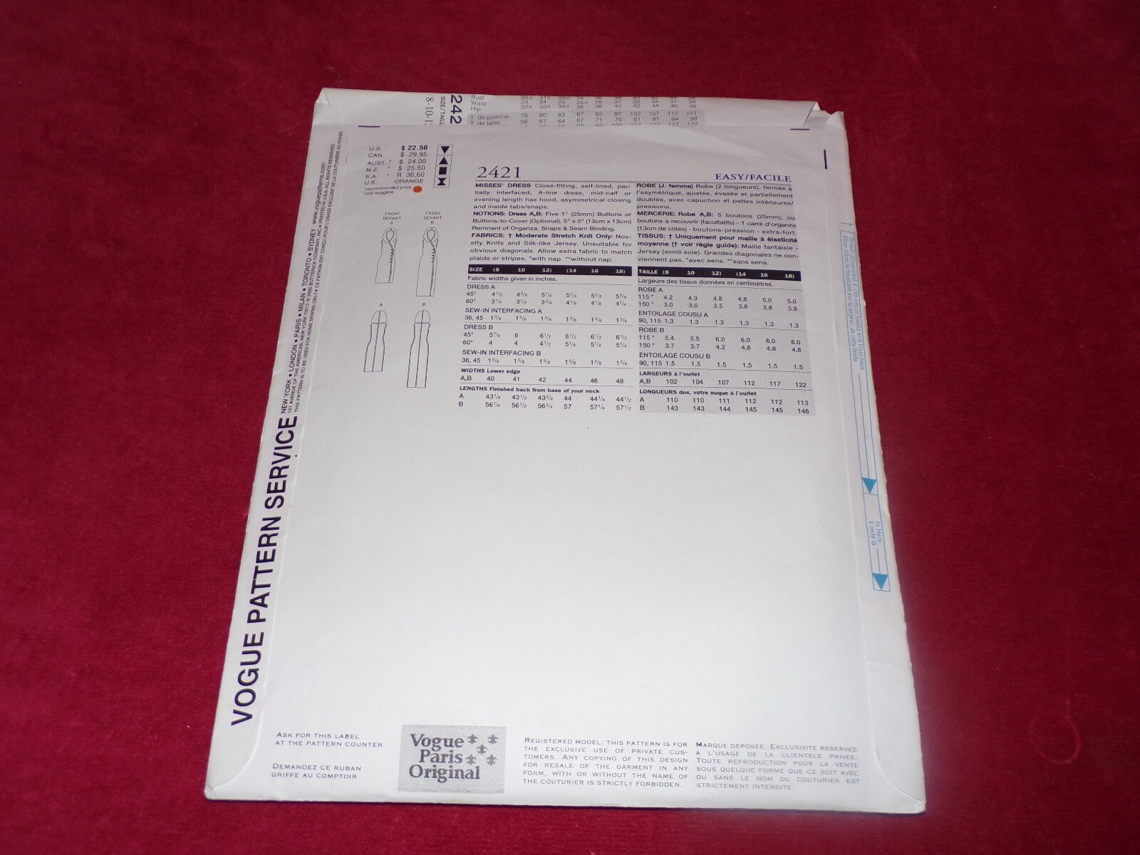 VOGUE PARIS ORIGINALE #2421 YVES SAINT LAURENT ABITO DONNA MODELLO 8 12FF