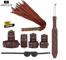 Bdsm Bondage Set for Couple l Brown Leather  BDSM Restraint Flogger Blind Fold