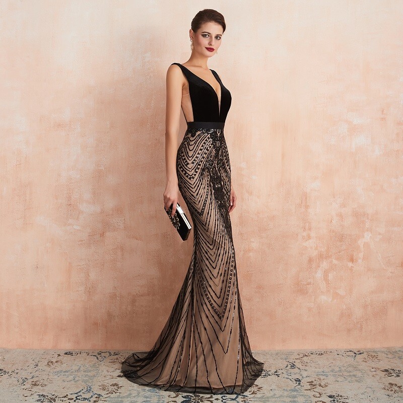 Sexy Black Mermaid V Neck Lace Sequins Evening Prom Party Dress Celebrity Gowns