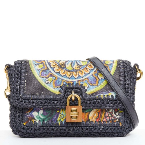 DOLCE GABBANA 2013 Runway Navy Raffia Braid Barock Gold Lock Crossbody Bag