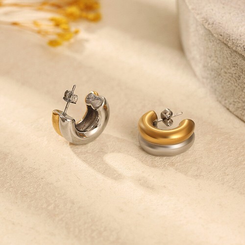 Double Layer C Shape Stainless Steel 18K Gold Hoop Earrings Bicolor Punk Jewelry - Picture 11 of 12