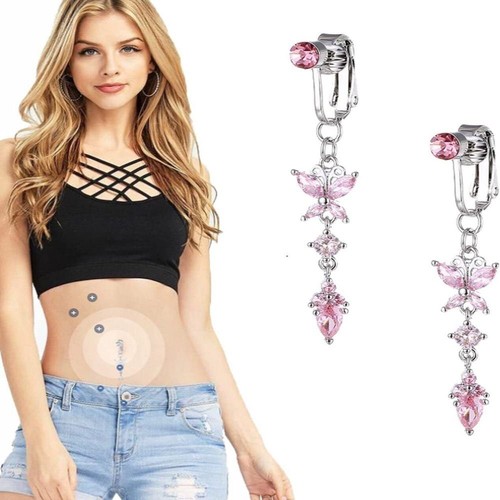 1PC Women Faux Fake Belly Ring Butterfly Fake Belly Piercing Clip Umbilical Clip - Picture 2 of 11
