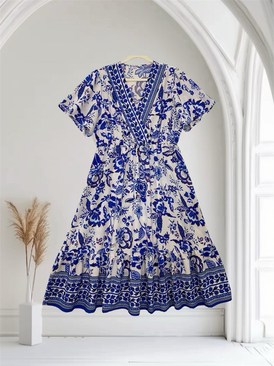 Womens Blue Floral Tiered Midi Dress Size XXL Lightweight Summer Boho Chic