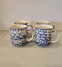 SET OF 4 BLUE & WHITE SPONGEWARE MUGS STONEWARE FOLK CRAFT ANIMALS BY TIENSHAN