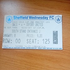 Ticekt : 1996/97 18/9/96 Coca Cola 2 1st Leg Sheffield Wednesday v Oxford United