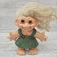 Vintage Thomas Dam Troll Doll 5" Glass Eyes Hard Body Denmark Green Felt Dress