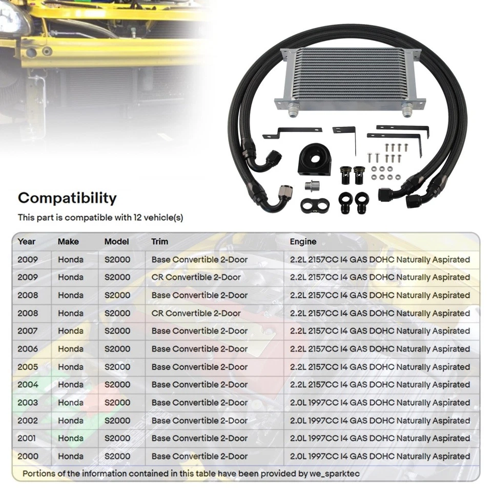 19 Row Bolt On Oil Cooler Kit For Honda S2000 F20C F22C AP1 AP2 2000-2009 Silver - Imagem 4 de 4