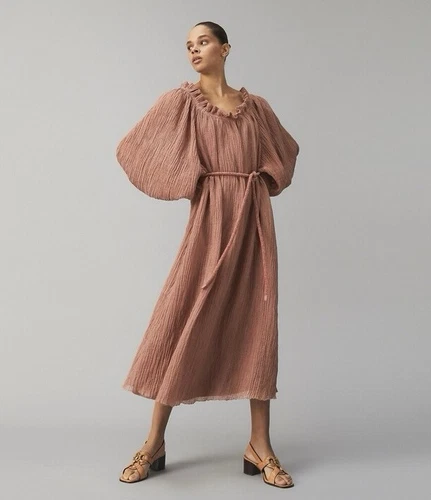 Abito Tory Burch NUOVO scollo a volant in legno rosa taglia XL misto lino cotone