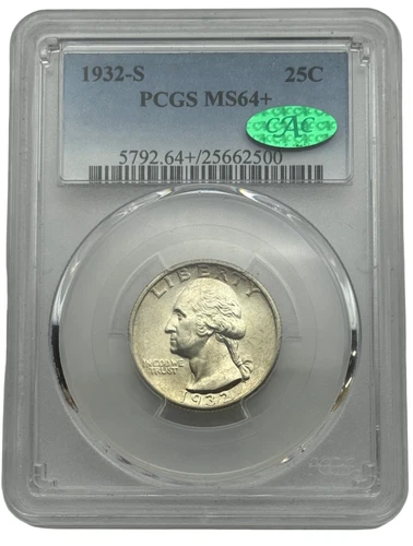1932-S 25c Washington Quarter, MS64+ CAC, High Eye Appeal Rare Coin.