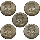 Franklin Half Dollar Lot of 5 90% Silver 1952 1956 1958 1960 1963 Circ