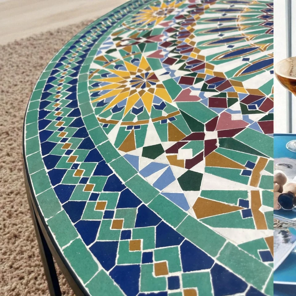 Zellij Round Patio & Garden Table, Outdoor Tile Dining Table Rustic Table Mosaic - Image 4 of 4