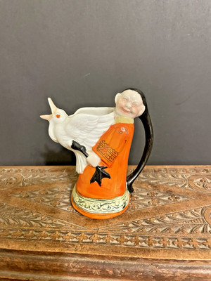 Vintage Shaver & Vater Creamer Asian Man Holding Crane expressive face 4'' tall