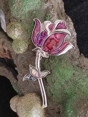 Vintage Duri Silver Tone & Abalone Inlay Tulip Rose Flower Brooch or Pin
