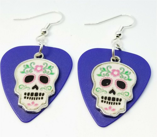 White Sugar Skull Charm Guitar Pick Earrings - Pick Your Color - Picture 5 of 7