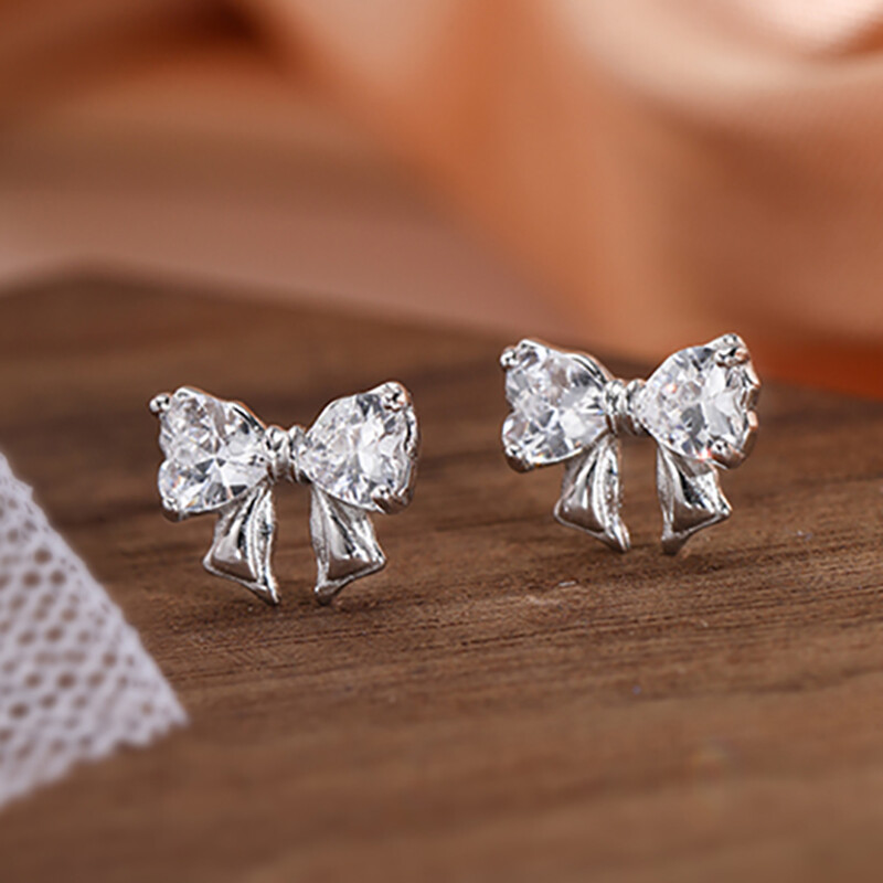 Small Fashion Butterfly Bow 925 Silver Crystal Stud Jewelry Earrings For Womens