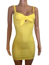 Sexy Yellow Tie Keyhole Ribbed Bodycon Mini Cleavage Dress New Pin-up Wiggle