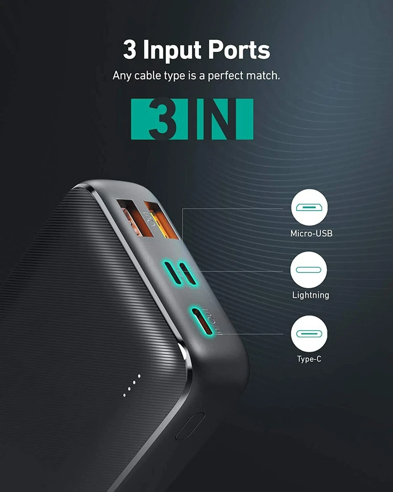 AUKEY USB C Power Bank 20000mAh, Portable Charger Large-Capacity with 3 Outputs  - Image 3 of 4