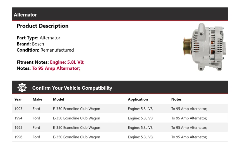 Alternador Bosch V8 1994 1995 para Ford E-350 Econoline Club Wagon 1993-1996 5,8 L Foto 2 de 4