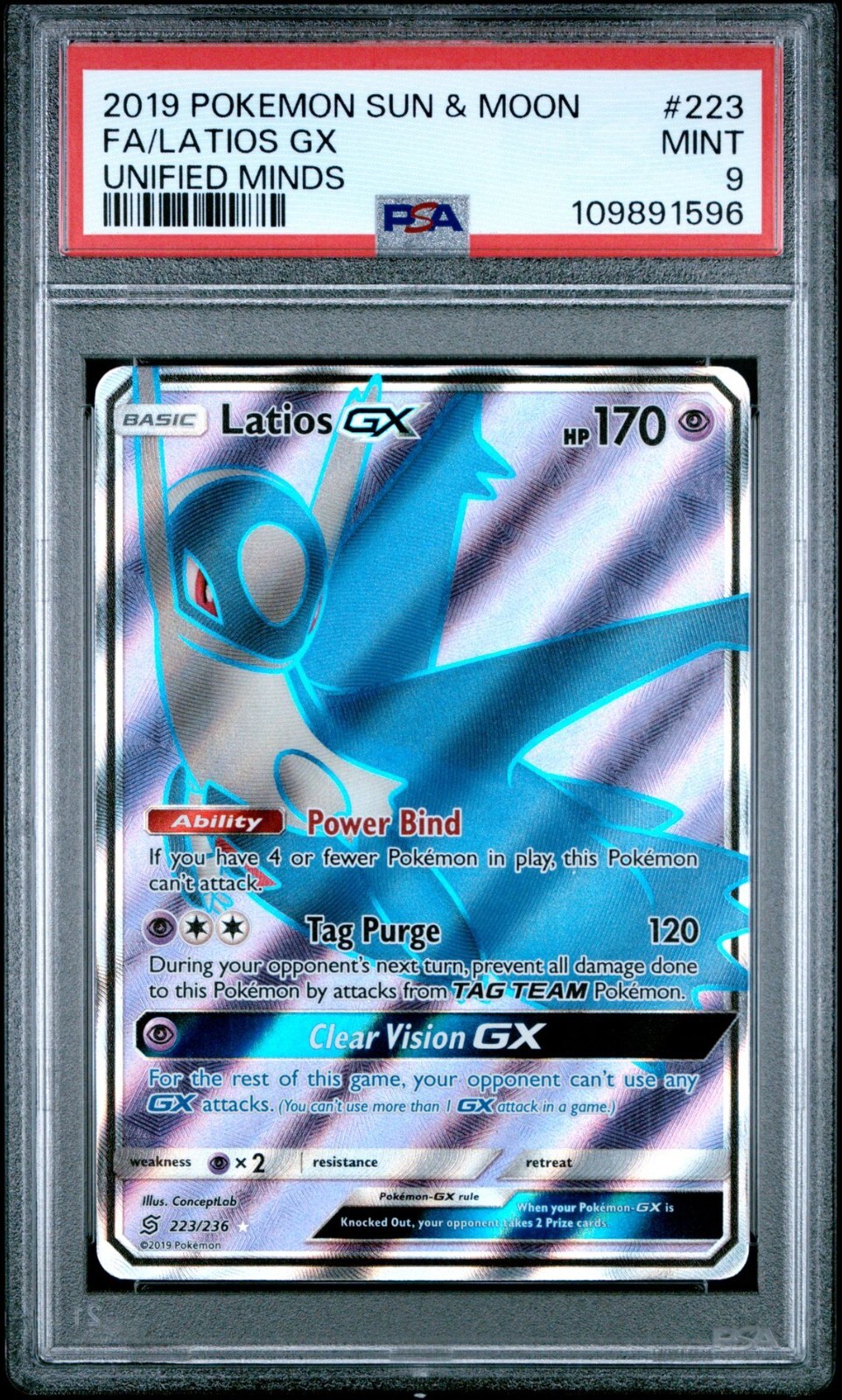 2019 POKEMON SUN & MOON UNIFIED MINDS FULL ART/LATIOS GX PSA 9