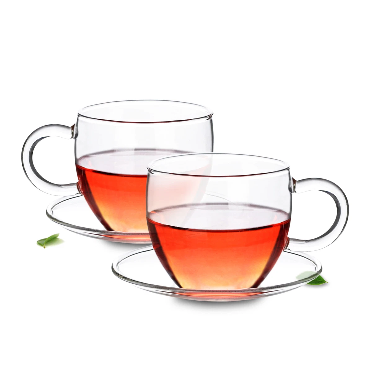 Classic Clear Heat-resistant Glass Tea Cup w/ Handle with Saucer Set