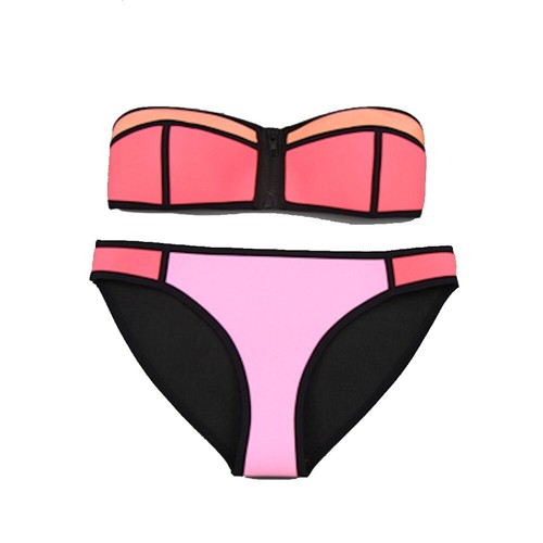 Women's Neoprene Bikini Set Two Pieces Patchwork Color Bandeau Swimsuit - Picture 8 of 31