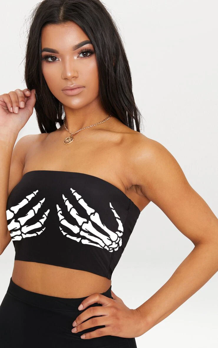 Skeleton Hand Print Boob Tube Strapless Bandeau Vest Crop Top