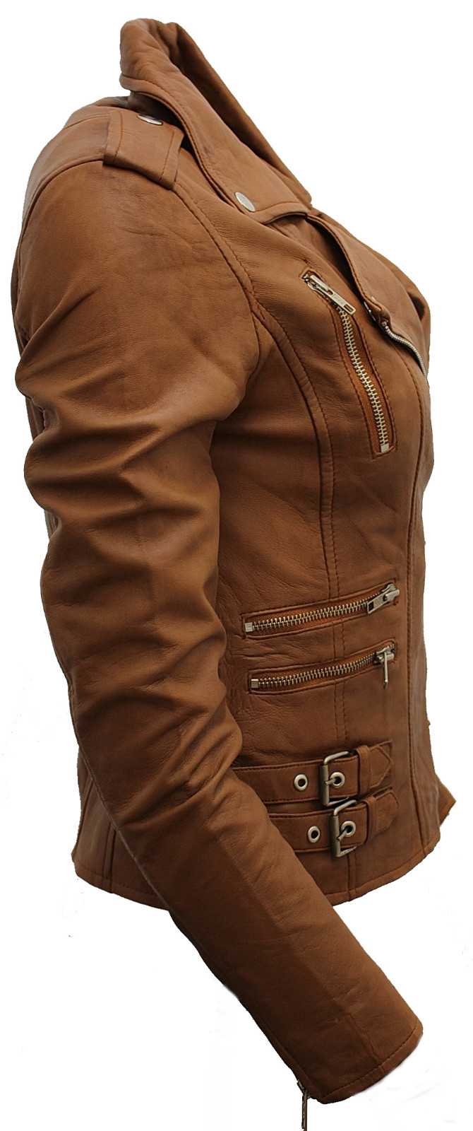 Ladies Tan Real 100% Lamb Nappa Leather Biker Jacket