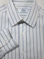 MINT 795 Brioni for Neiman Marcus Blue and Gold Stripe Dress Shirt 15x33