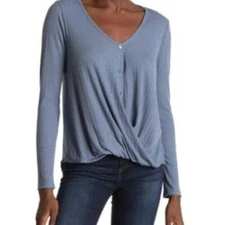 White Willow Nordstrom Caspian Blue Faux Wrap Textured Button Front Top Size XS