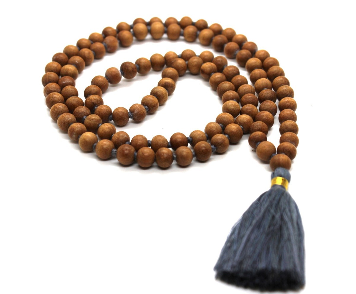 BUDDHIST WHITE SANDALWOOD MALA Fair Trade TASSEL OM YOGA BEADS 108+1  MEDITATION