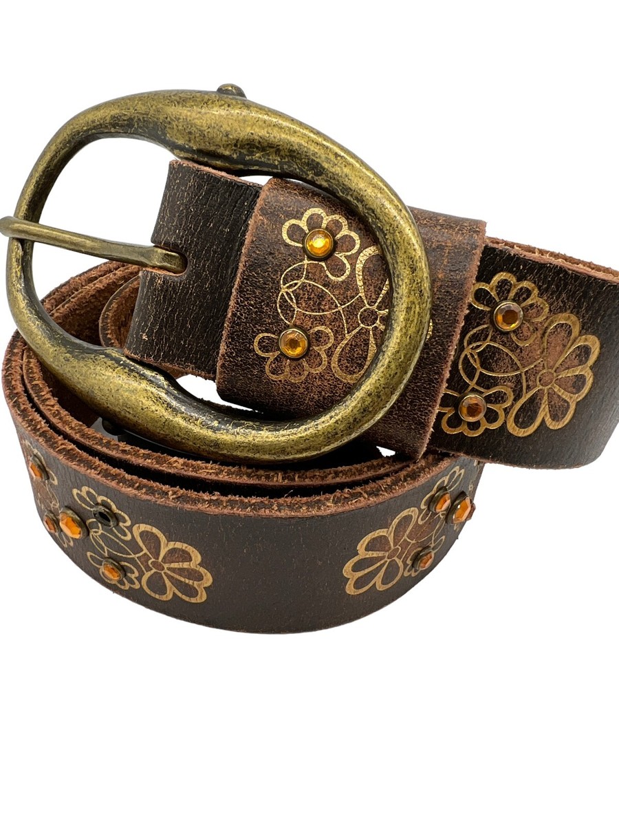 Olga Santini Gold Flower Amber Rhinestone Bohemian Brown Leather