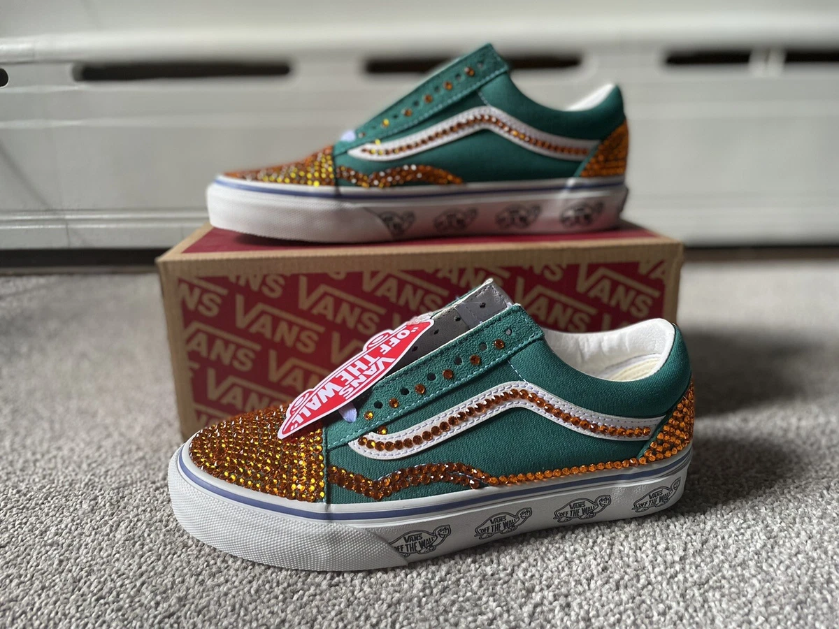 Custom Old Skool Vans With Rhinestones Aqua And Orange Women’s 5.5 Men’s  Size 4