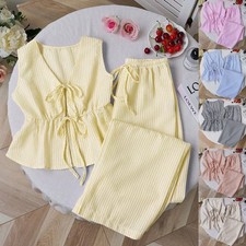 Womens Striped Summer Lace-up Tank TOPS Pants Tracksuit Outfits Co Ords Set 2PCS