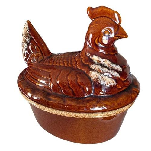 Hull Pottery Brown Drip Large Hen Chicken on Nest Casserole USA Vintage