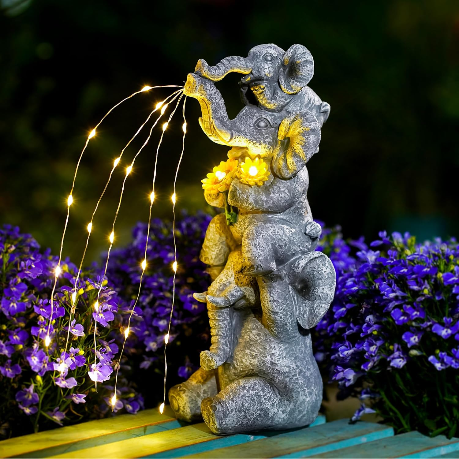 Solar-Powered Triple Elephant Garden Statue for Outdoor Luck & Decor