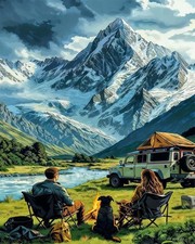 Adult Paint by Number Kits,A Couple Camping Under The Snow-Capped Mountains,