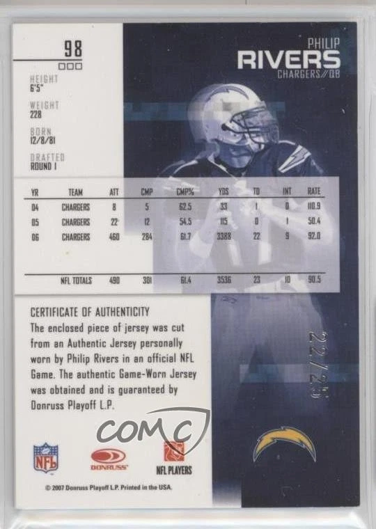 2007 Leaf Rookies & Stars /25 Philip Rivers #98 - Image 2 of 2